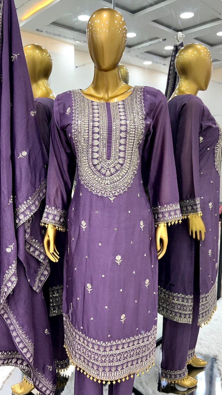 Pure Heavy Chinnon Silk With Heavy Embroidery Sequence Work With Full Sleeve With moti less Border