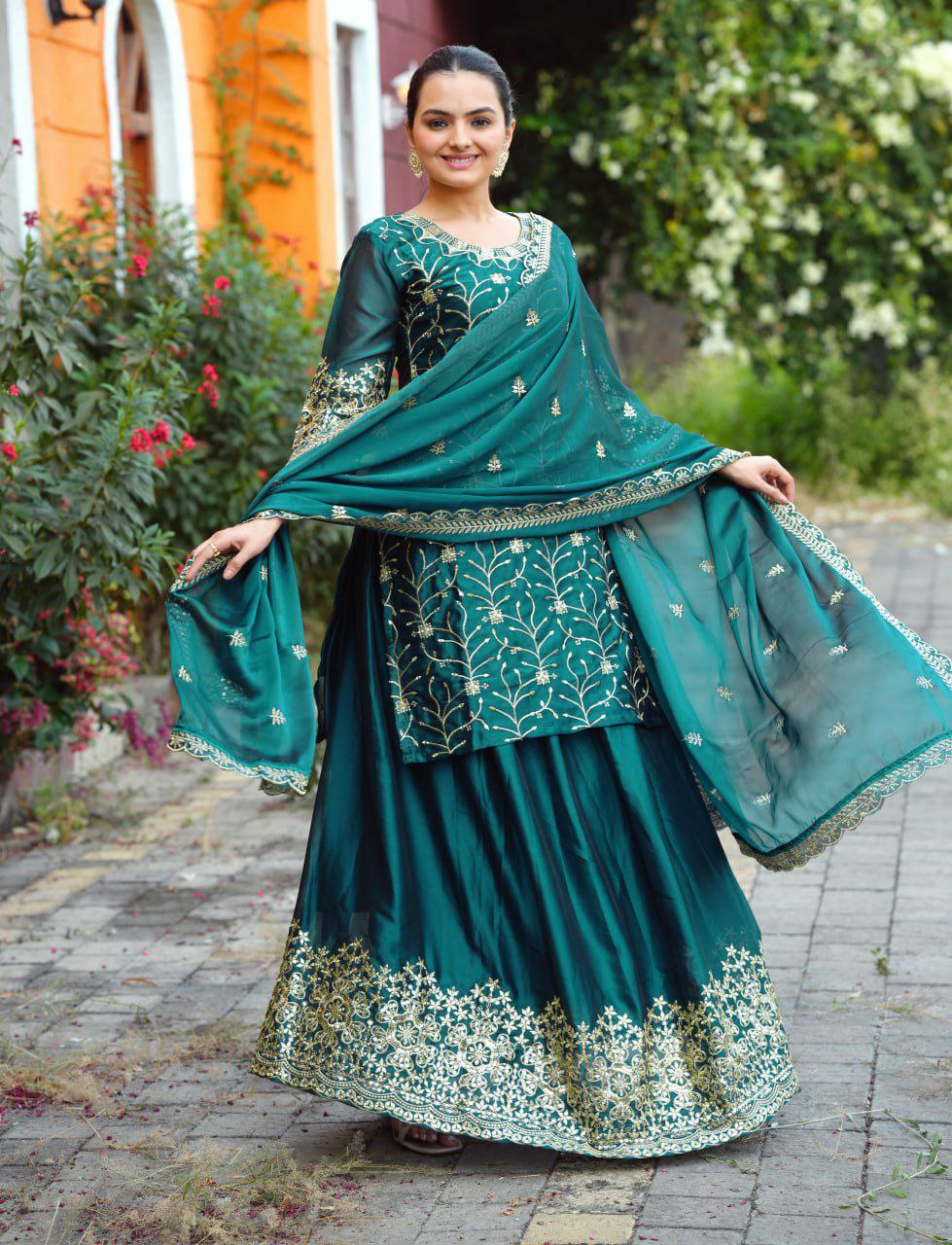 ehenga Fabric: Rangoli With Embroidery Work Inner