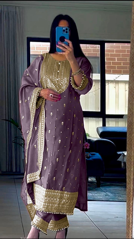 Pure Heavy Chinnon Silk With Heavy Embroidery Sequence Work With Full Sleeve With moti less Border