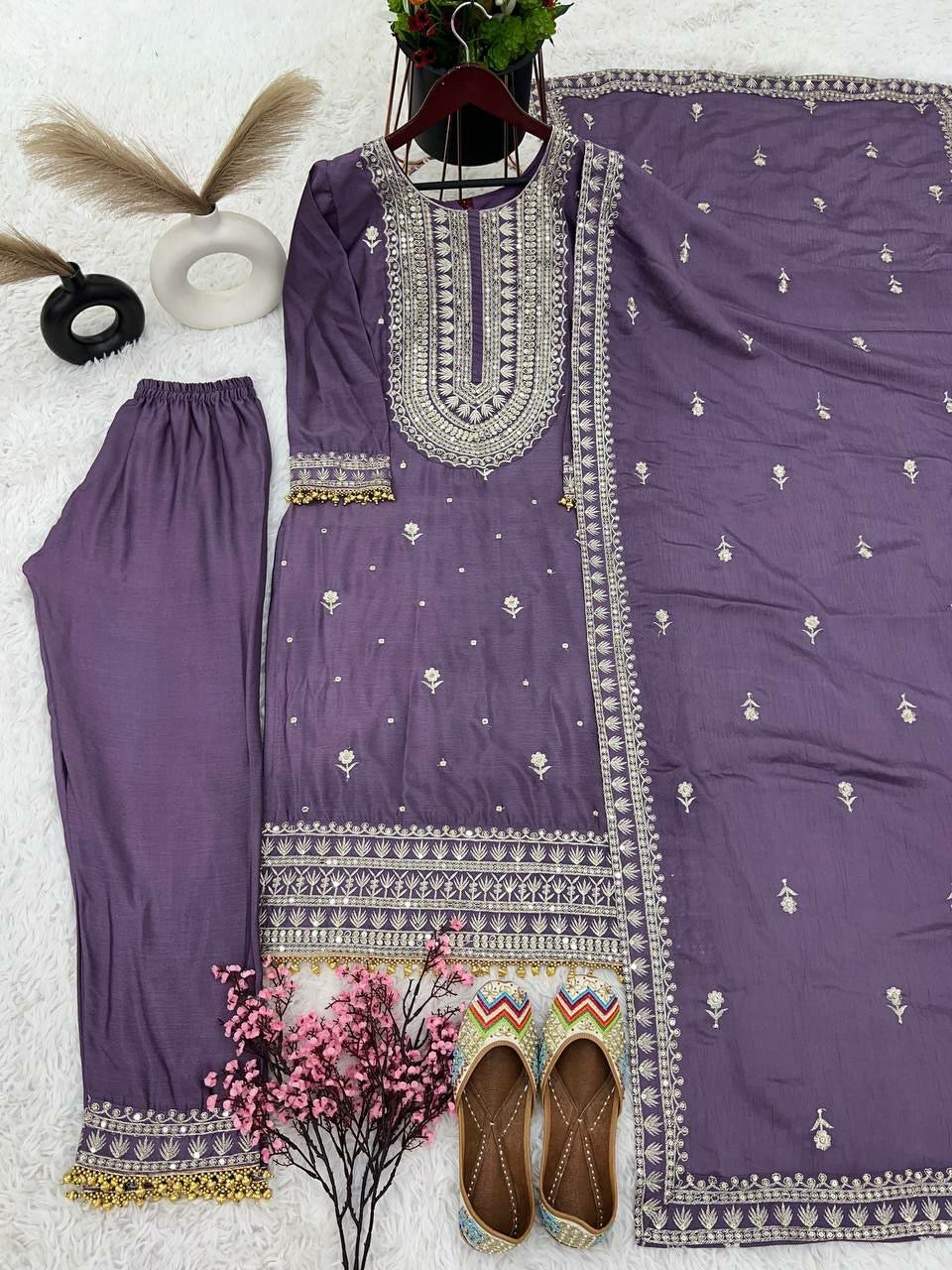 Pure Heavy Chinnon Silk With Heavy Embroidery Sequence Work With Full Sleeve With moti less Border