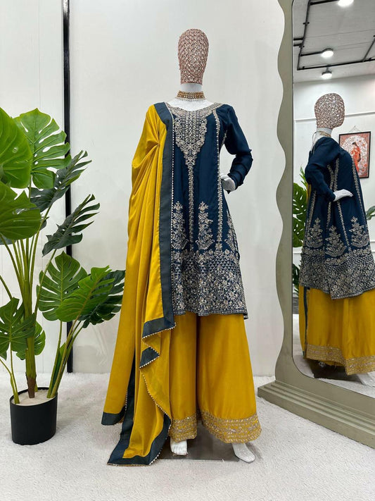 Looking for this same colour beautiful Designer Suit on Chinon Silk febric with Inner and Sequnce With Thred work