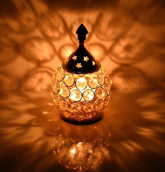 India Akhand Diya Diyas Decorative Brass Crystal Oil Lamp, Diwali Decoration Item - Lantern Oval Shape Diwali Gifts Home Decor Puja Lamp Tea Light Holder