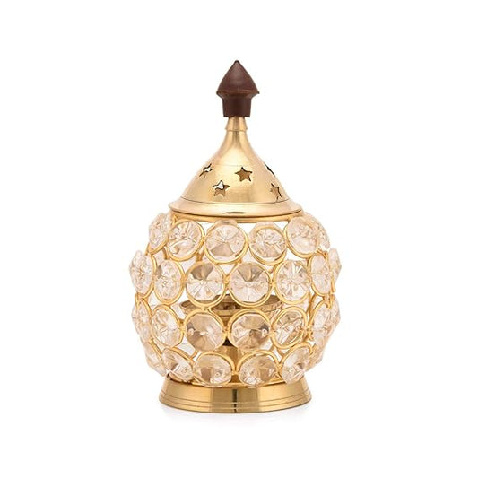 India Akhand Diya Diyas Decorative Brass Crystal Oil Lamp, Diwali Decoration Item - Lantern Oval Shape Diwali Gifts Home Decor Puja Lamp Tea Light Holder