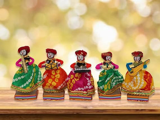 JH Gallery Recycled Material Rajasthani Home Decor Items Musician Bawla Puppets Idol Show Pieces for Home Decor 11 X 28 Cm Multicolor, 5 Pieces