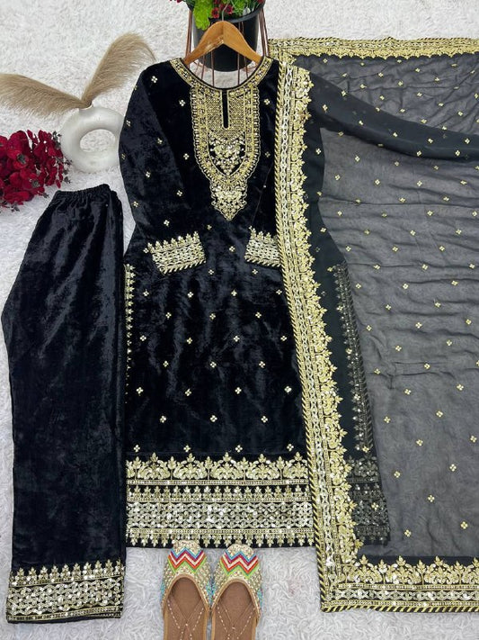 Pure Heavy Viscose Velvet With Heavy Embroidery Sequence Work