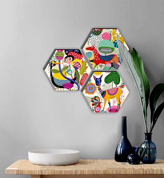 SAF paintings Set of 3 Hexagon Kid's Room Decor Modern Art 6MM MDF UV Textured Home Decorative Gift Item 12 inch x 12 inch Abstract Painting SANFHX17