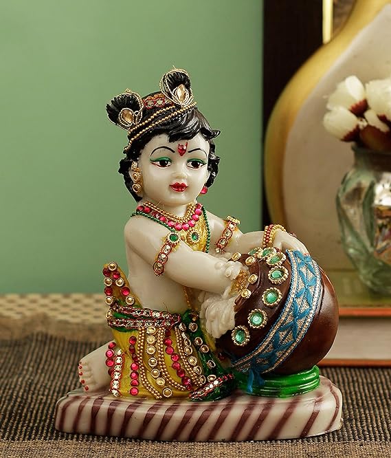 Lord Krishna Makhan Chor Idol Sculpture Statue Figurine Showpiece (19 x 15 x 9 cm) - Decoration Items for Home Decor Living Room Mandir Temple Pooja Room Table Decorative Gifts