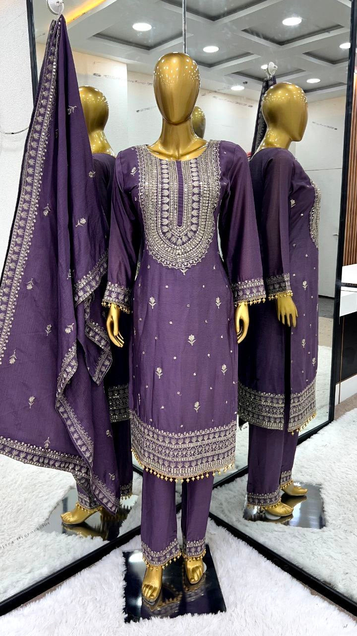 Pure Heavy Chinnon Silk With Heavy Embroidery Sequence Work With Full Sleeve With moti less Border