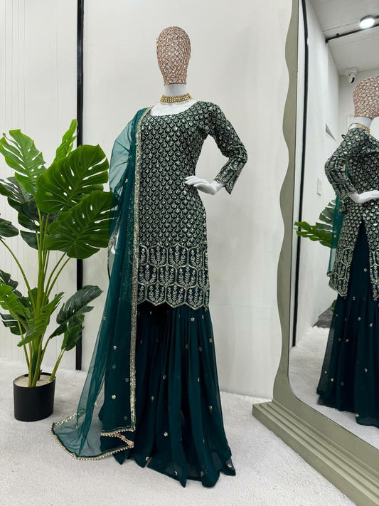 beautiful Designer Suit on Georgette febric with Inner and Sequnce & Thred work and Sharara on also Georgette Febric With Sequnce & thred work and Dupatta on Soft