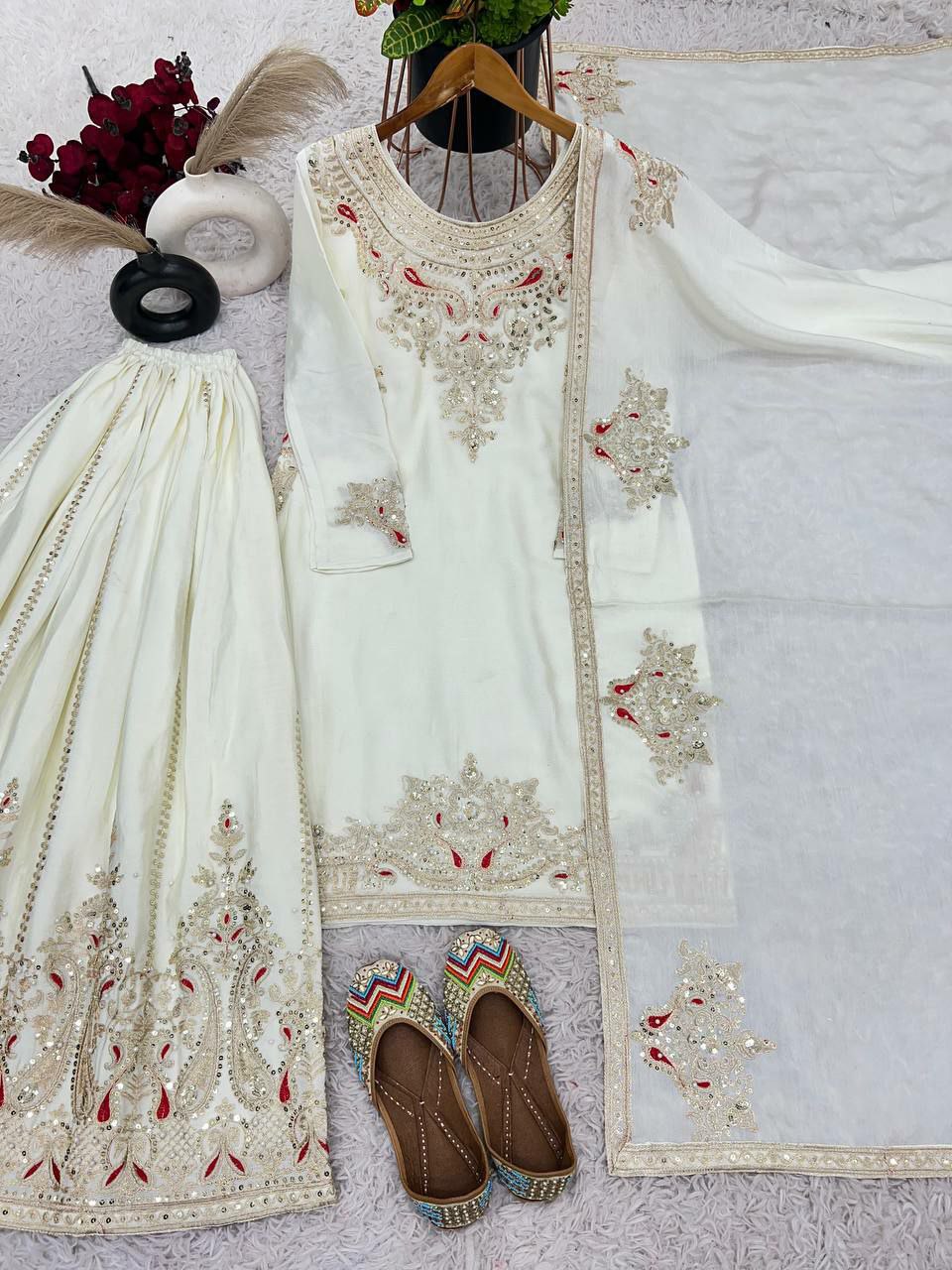 Pure Chinnon Silk With Heavy Embroidery Coding Dori-Sequence Work With Full Sleeve