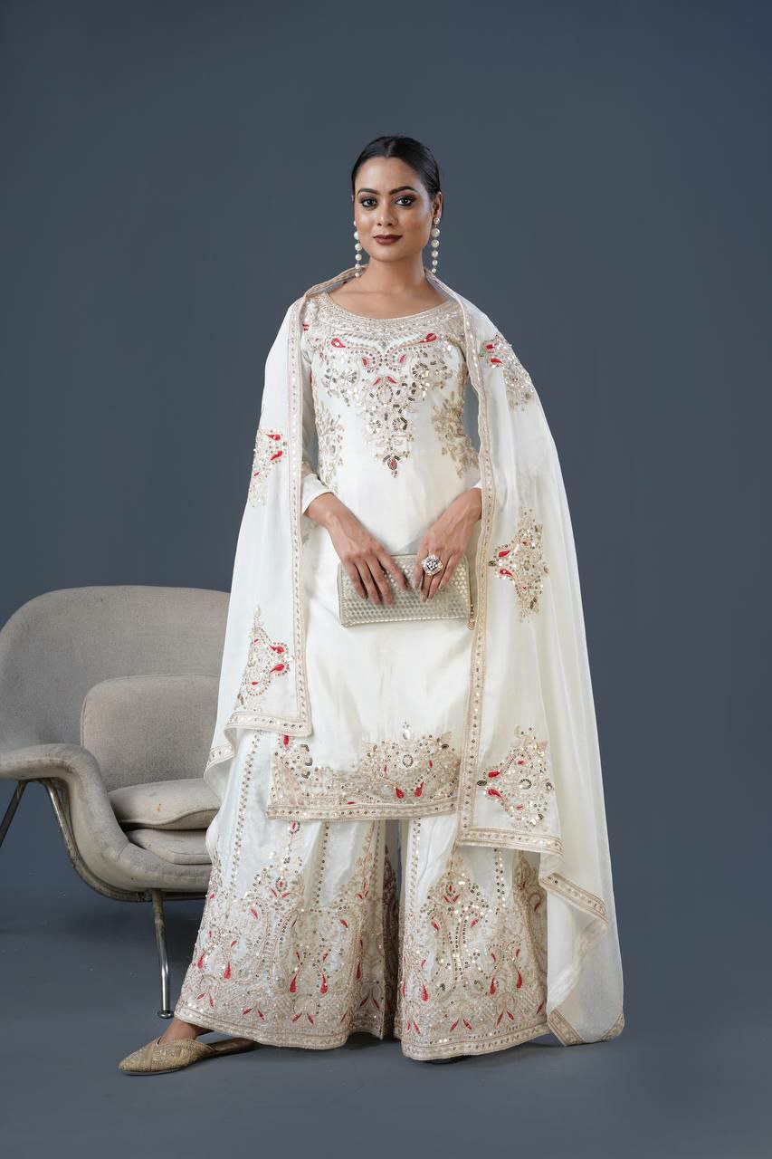 Pure Chinnon Silk With Heavy Embroidery Coding Dori-Sequence Work With Full Sleeve