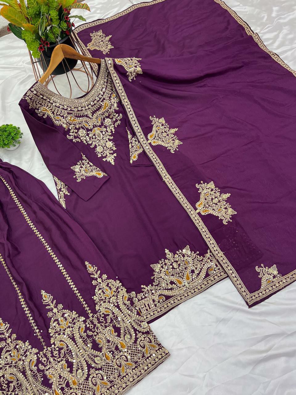 Pure Chinnon Silk With Heavy Embroidery Coding Dori-Sequence Work With Full Sleeve