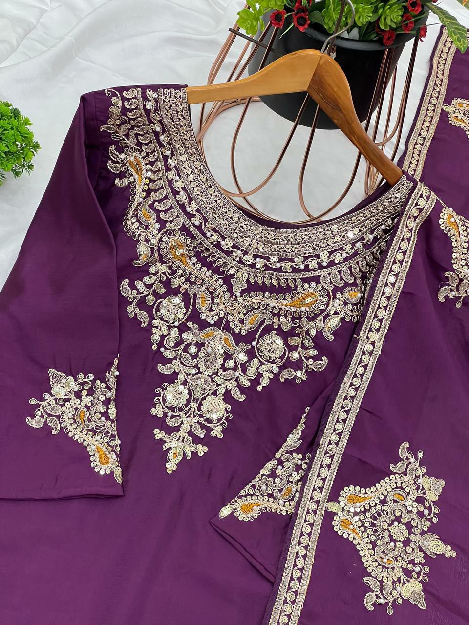 Pure Chinnon Silk With Heavy Embroidery Coding Dori-Sequence Work With Full Sleeve