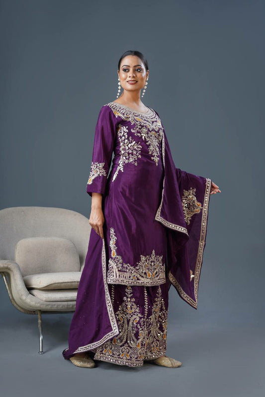 Pure Chinnon Silk With Heavy Embroidery Coding Dori-Sequence Work With Full Sleeve