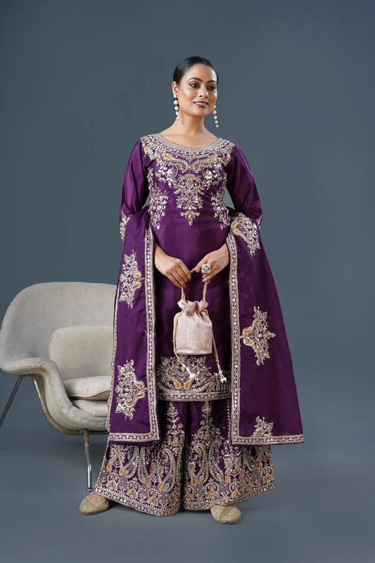 Pure Chinnon Silk With Heavy Embroidery Coding Dori-Sequence Work With Full Sleeve