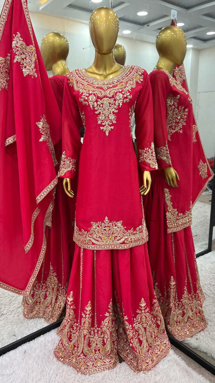 Pure Chinnon Silk With Heavy Embroidery Coding Dori-Sequence Work With Full Sleeve