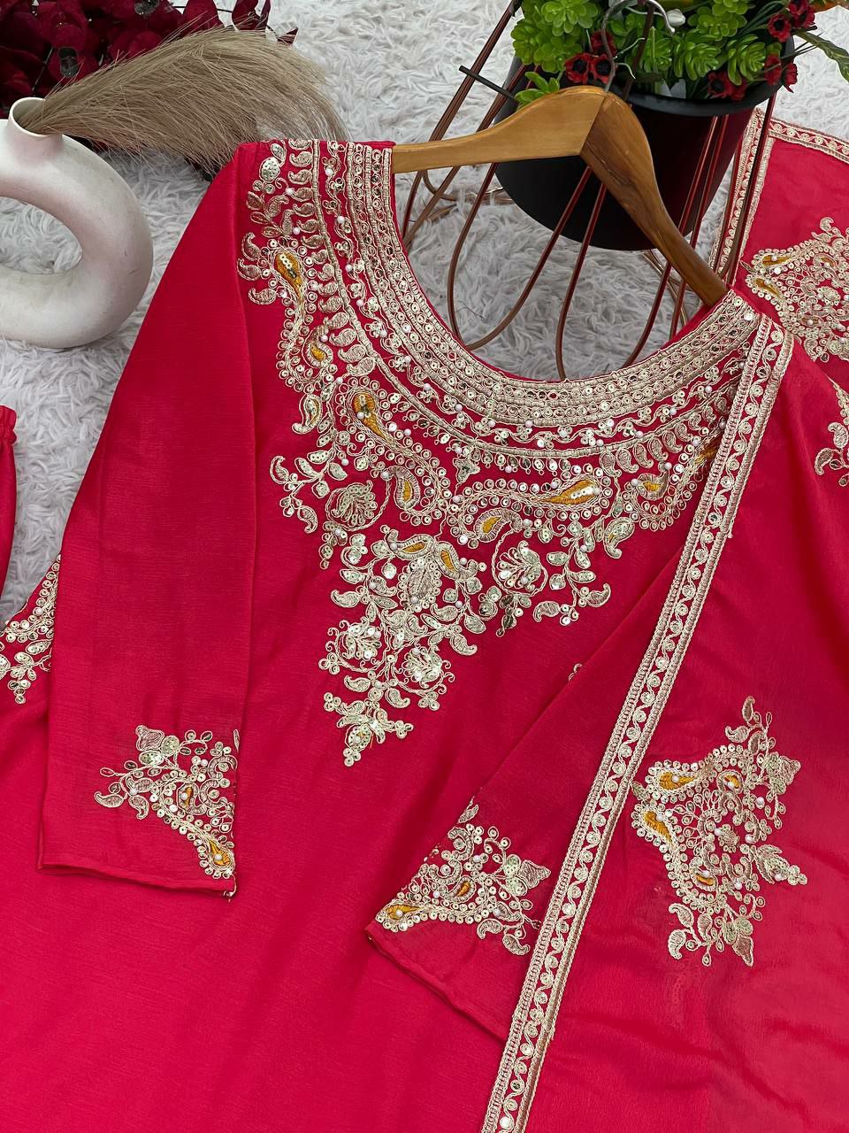 Pure Chinnon Silk With Heavy Embroidery Coding Dori-Sequence Work With Full Sleeve