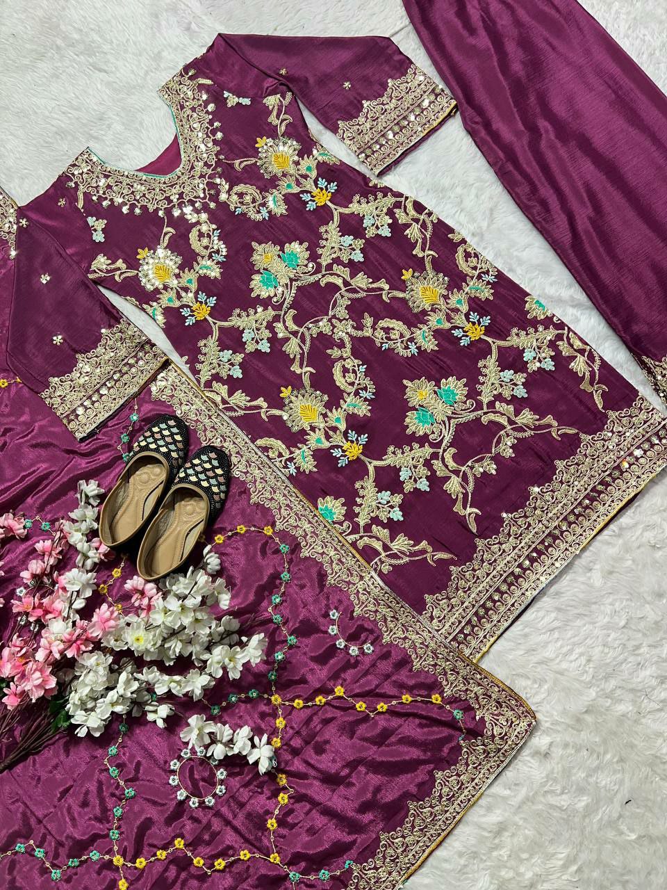 Pure Heavy Chinnon Silk With Heavy Embroidery Coding Sequence Work With Full Embroidery Sleeve