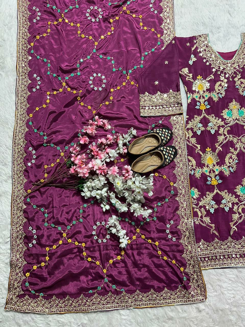 Pure Heavy Chinnon Silk With Heavy Embroidery Coding Sequence Work With Full Embroidery Sleeve