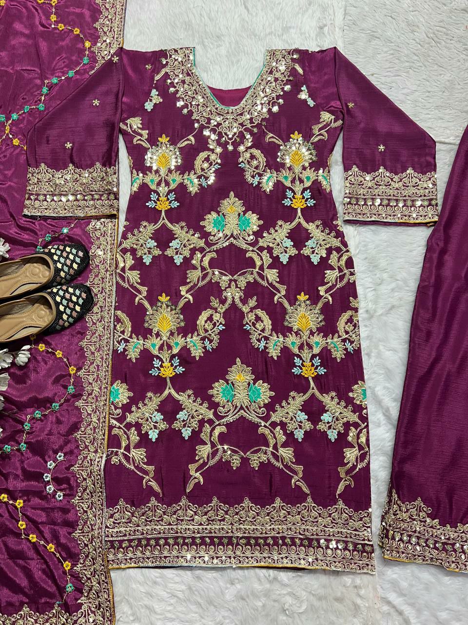 Pure Heavy Chinnon Silk With Heavy Embroidery Coding Sequence Work With Full Embroidery Sleeve