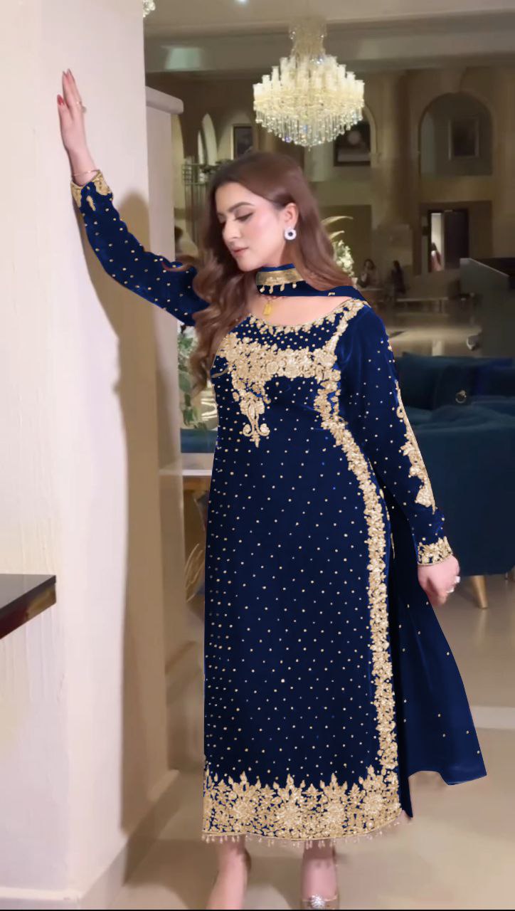 Pure Heavy Viscose Velvet With Heavy Embroidery Sequence Work neck moti work With Full Sleeves