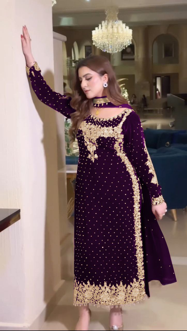 Pure Heavy Viscose Velvet With Heavy Embroidery Sequence Work neck moti work With Full Sleeves