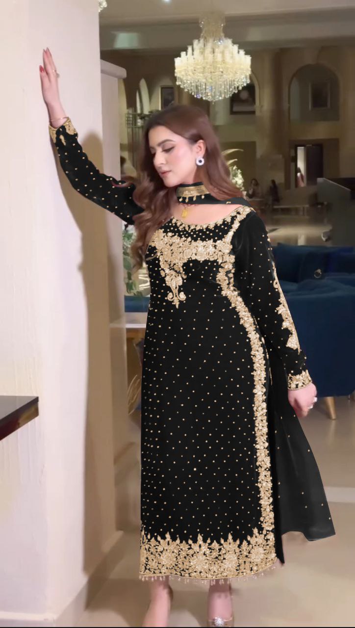 Pure Heavy Viscose Velvet With Heavy Embroidery Sequence Work neck moti work With Full Sleeves