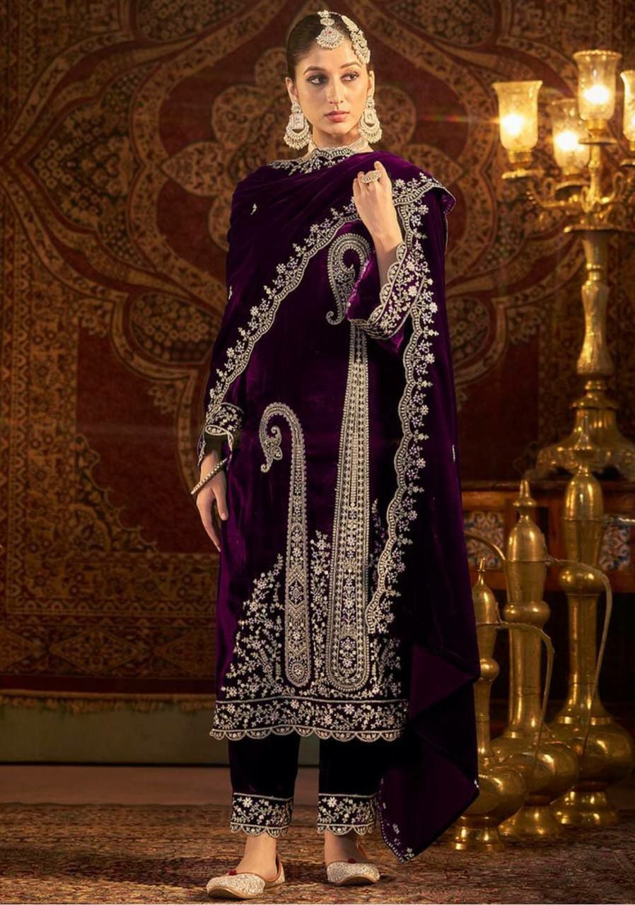 Heavy Viscose Velvet With Heavy Embroidery Sequence Work With Full Sleeves