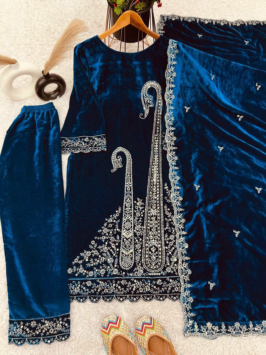 Heavy Viscose Velvet With Heavy Embroidery Sequence Work With Full Sleeves