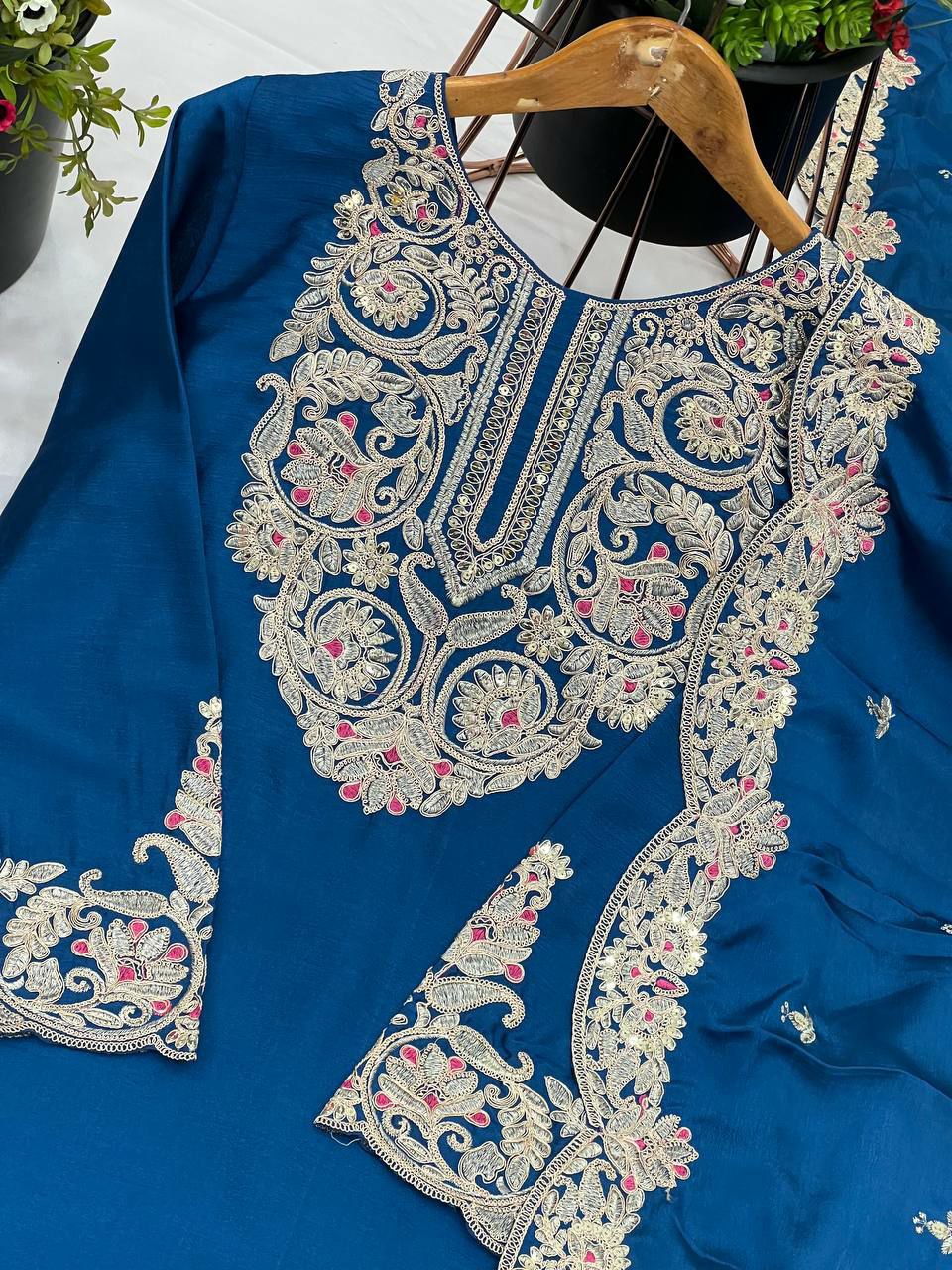 Pure Chinnon Silk With Heavy Embroidery Coding Dori-Sequence Work With Full Sleeve