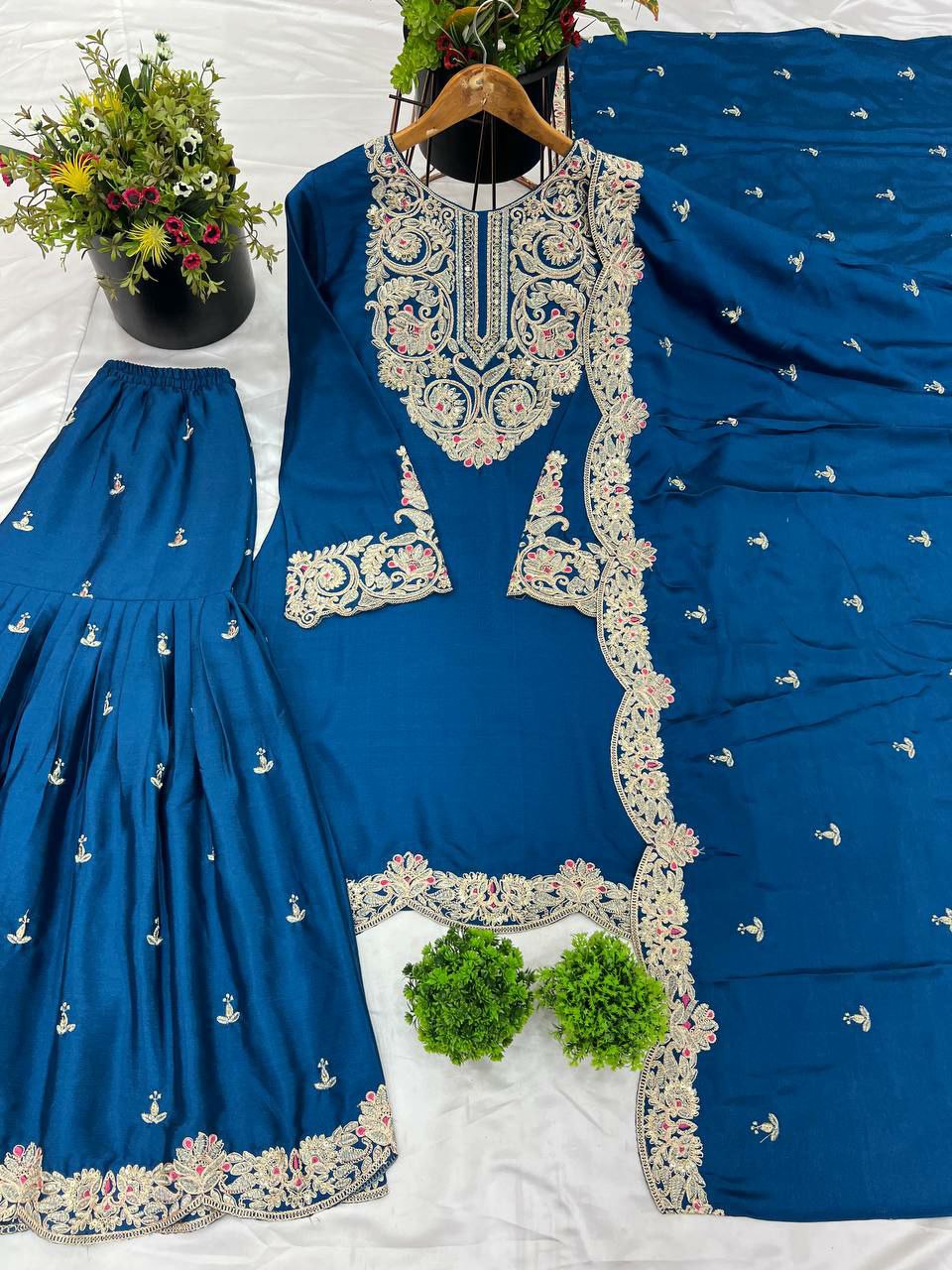 Pure Chinnon Silk With Heavy Embroidery Coding Dori-Sequence Work With Full Sleeve