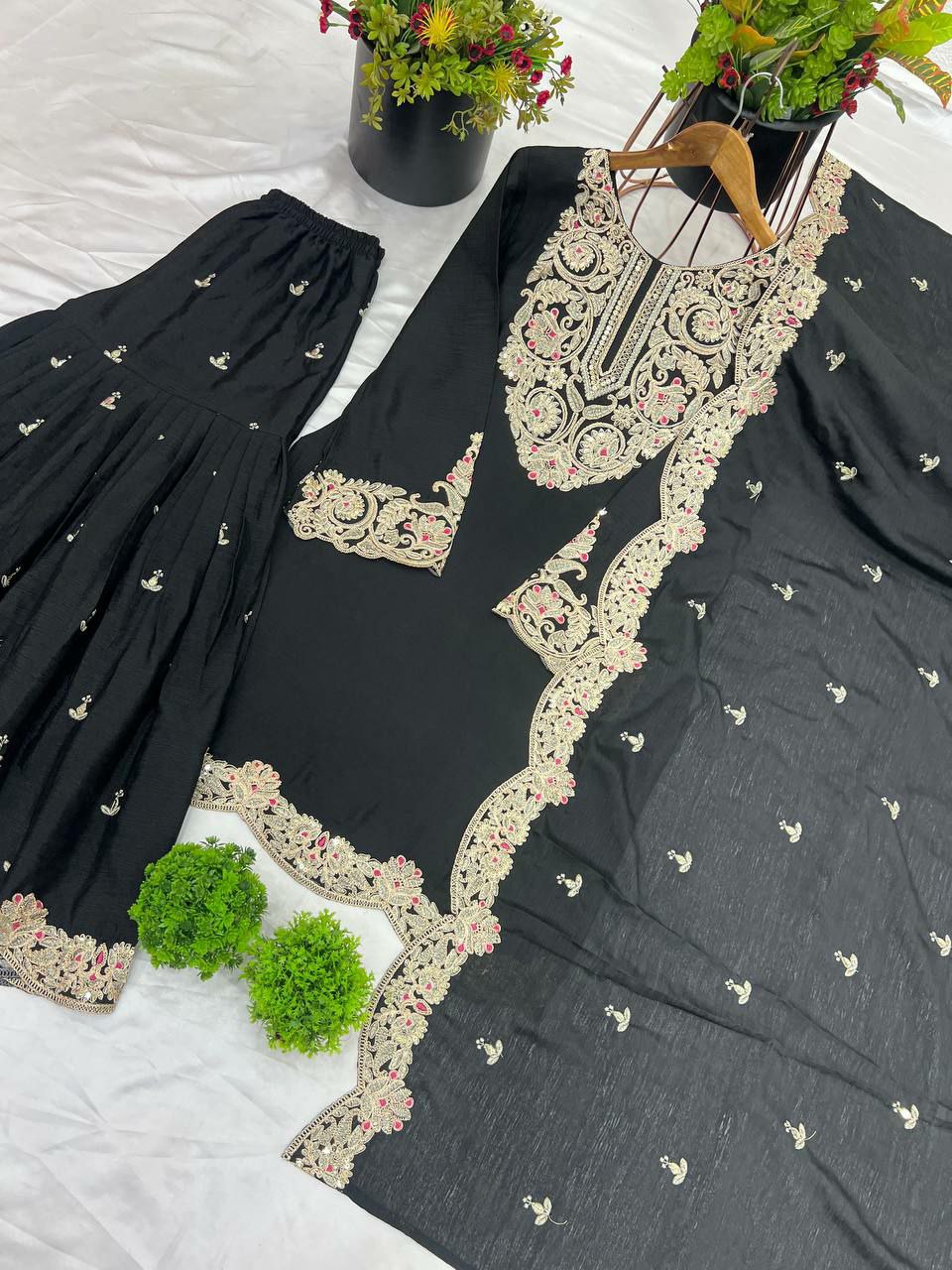 Pure Chinnon Silk With Heavy Embroidery Coding Dori-Sequence Work With Full Sleeve