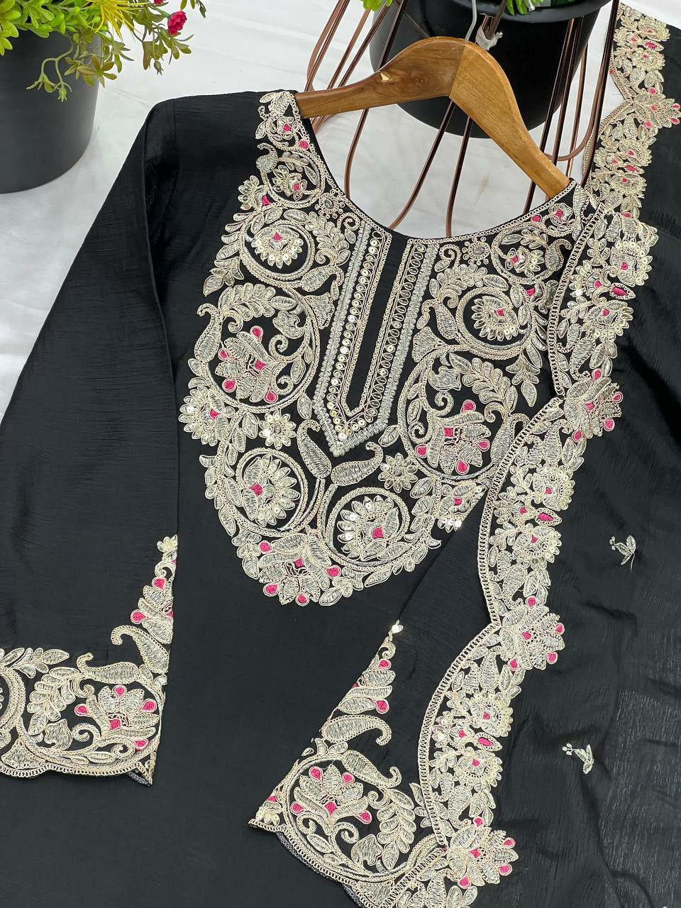 Pure Chinnon Silk With Heavy Embroidery Coding Dori-Sequence Work With Full Sleeve