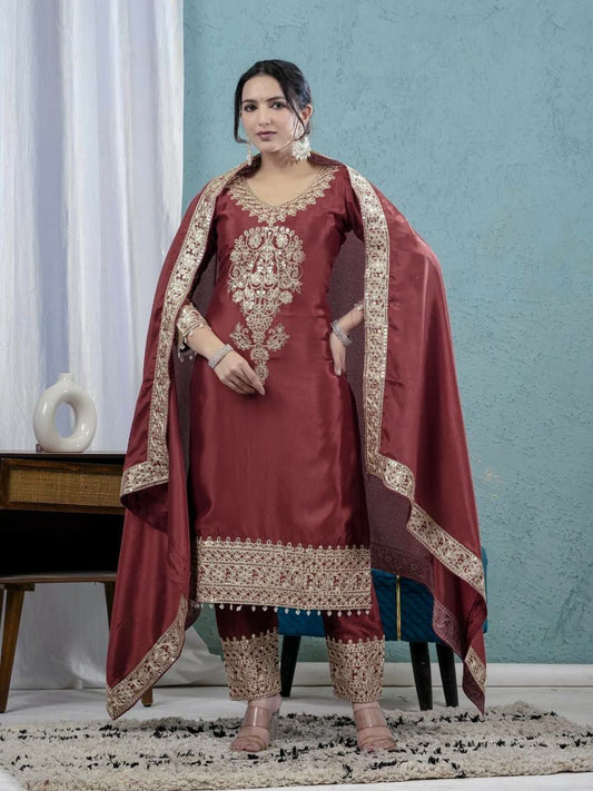 Pure Heavy Chinnon Silk With Heavy Embroidery Coding Sequence Work