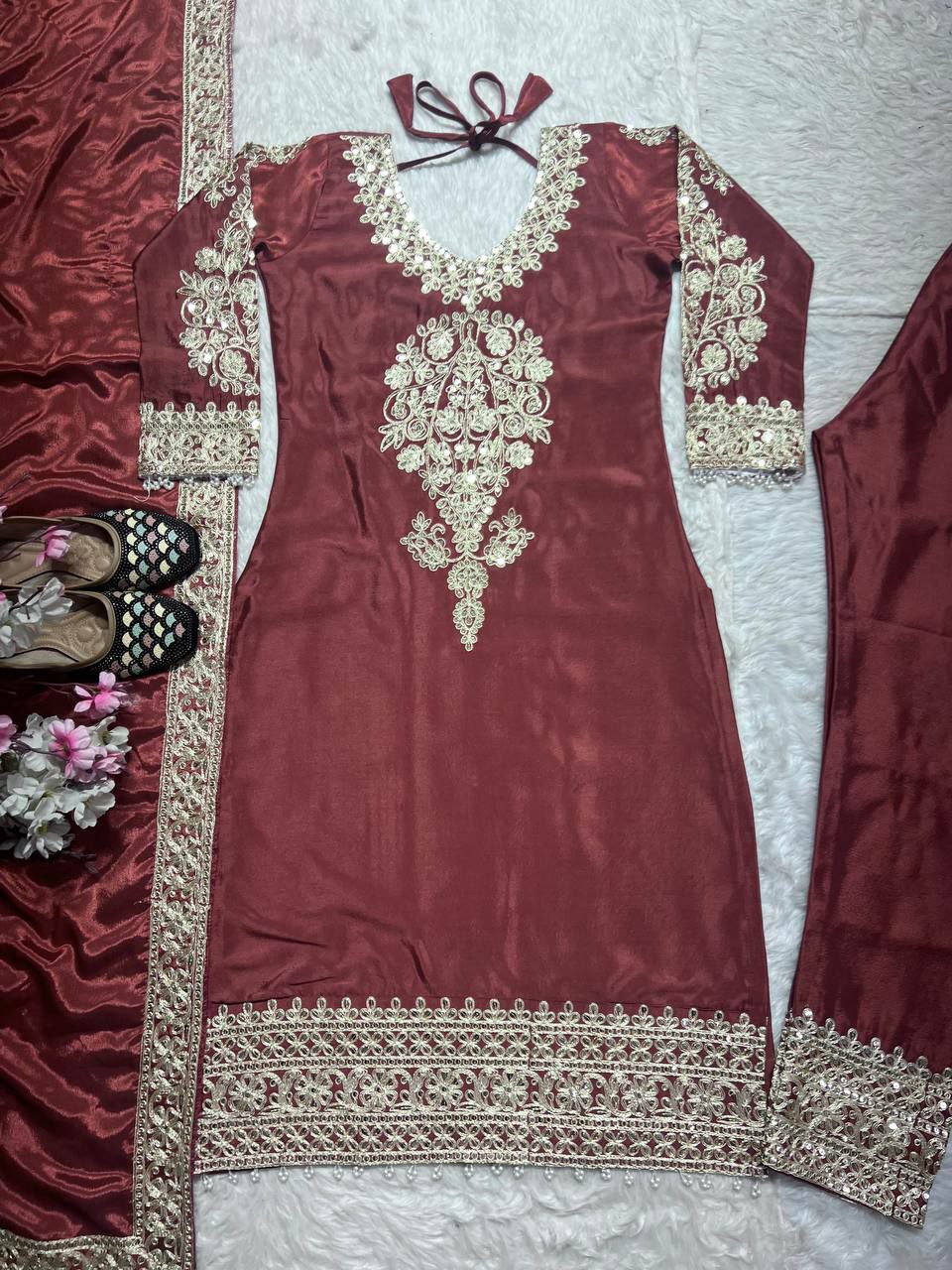 Pure Heavy Chinnon Silk With Heavy Embroidery Coding Sequence Work