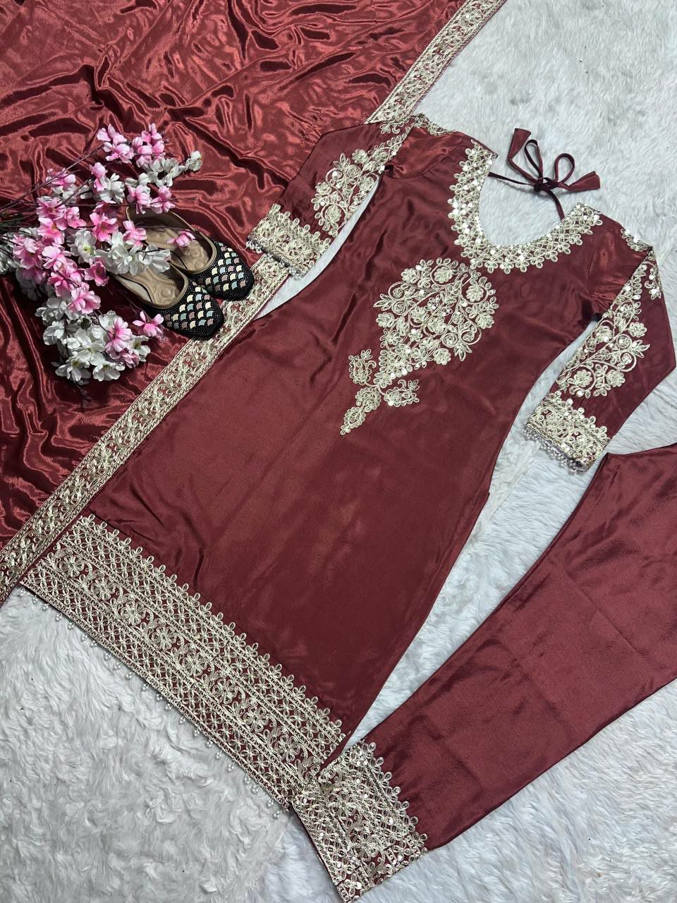 Pure Heavy Chinnon Silk With Heavy Embroidery Coding Sequence Work