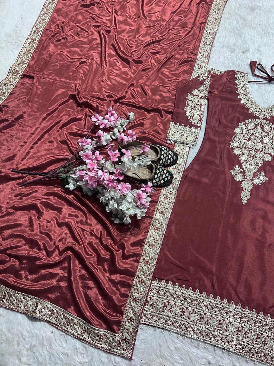 Pure Heavy Chinnon Silk With Heavy Embroidery Coding Sequence Work