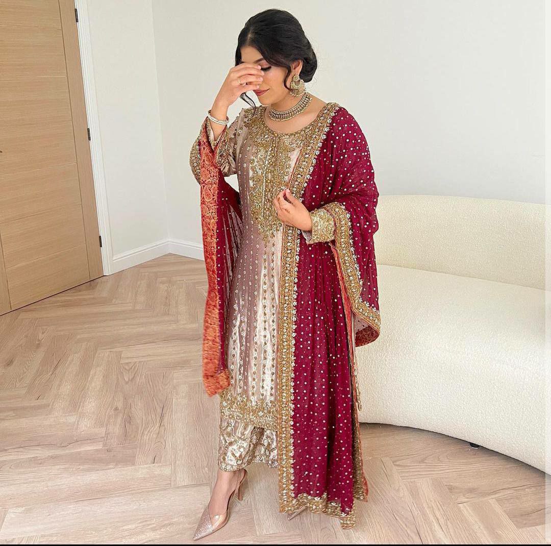 Heavy Devsena Silk And Full Sleeve With Heavy Work &nbsp;Kurti Work : Fancy Heavy Embroidery And Sequins Work With Unstitched Buttons