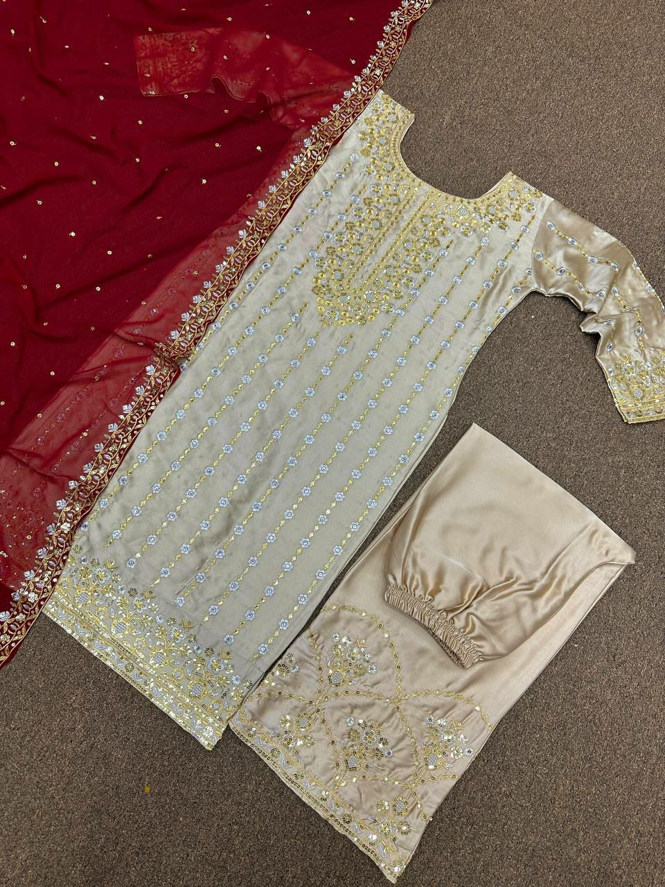 Heavy Devsena Silk And Full Sleeve With Heavy Work &nbsp;Kurti Work : Fancy Heavy Embroidery And Sequins Work With Unstitched Buttons