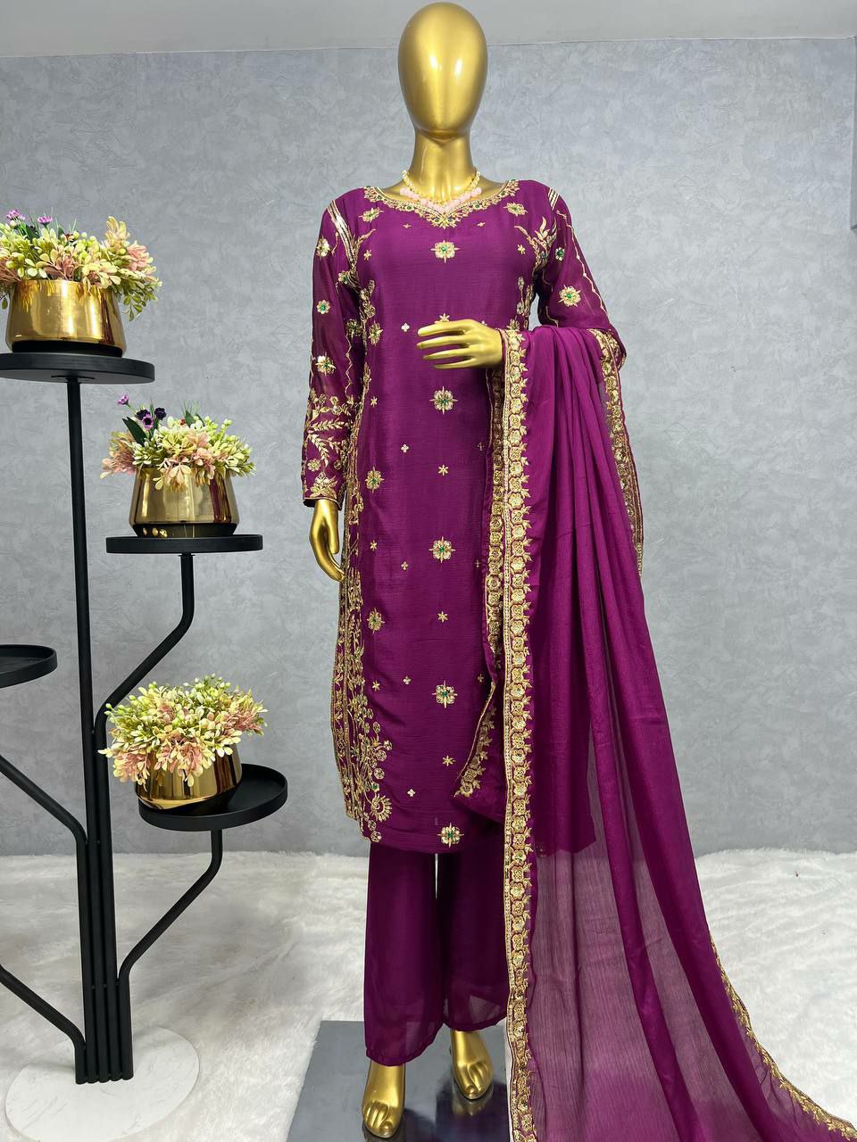 KURTI  FABRIC- PURE CHINON SILK WITH BEAUTIFUL EMBROIDERY SEQUENCE WORK.