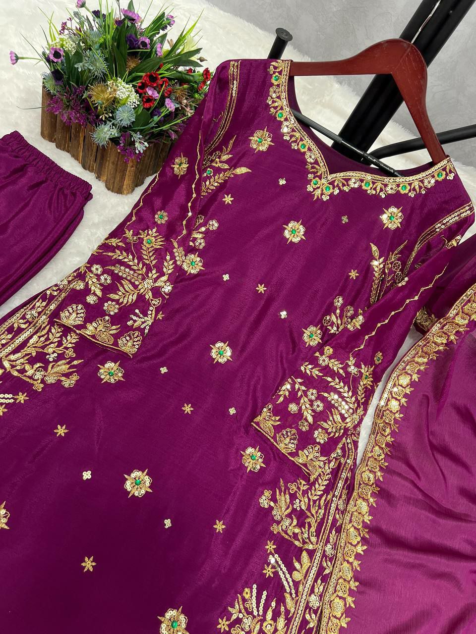 KURTI  FABRIC- PURE CHINON SILK WITH BEAUTIFUL EMBROIDERY SEQUENCE WORK.