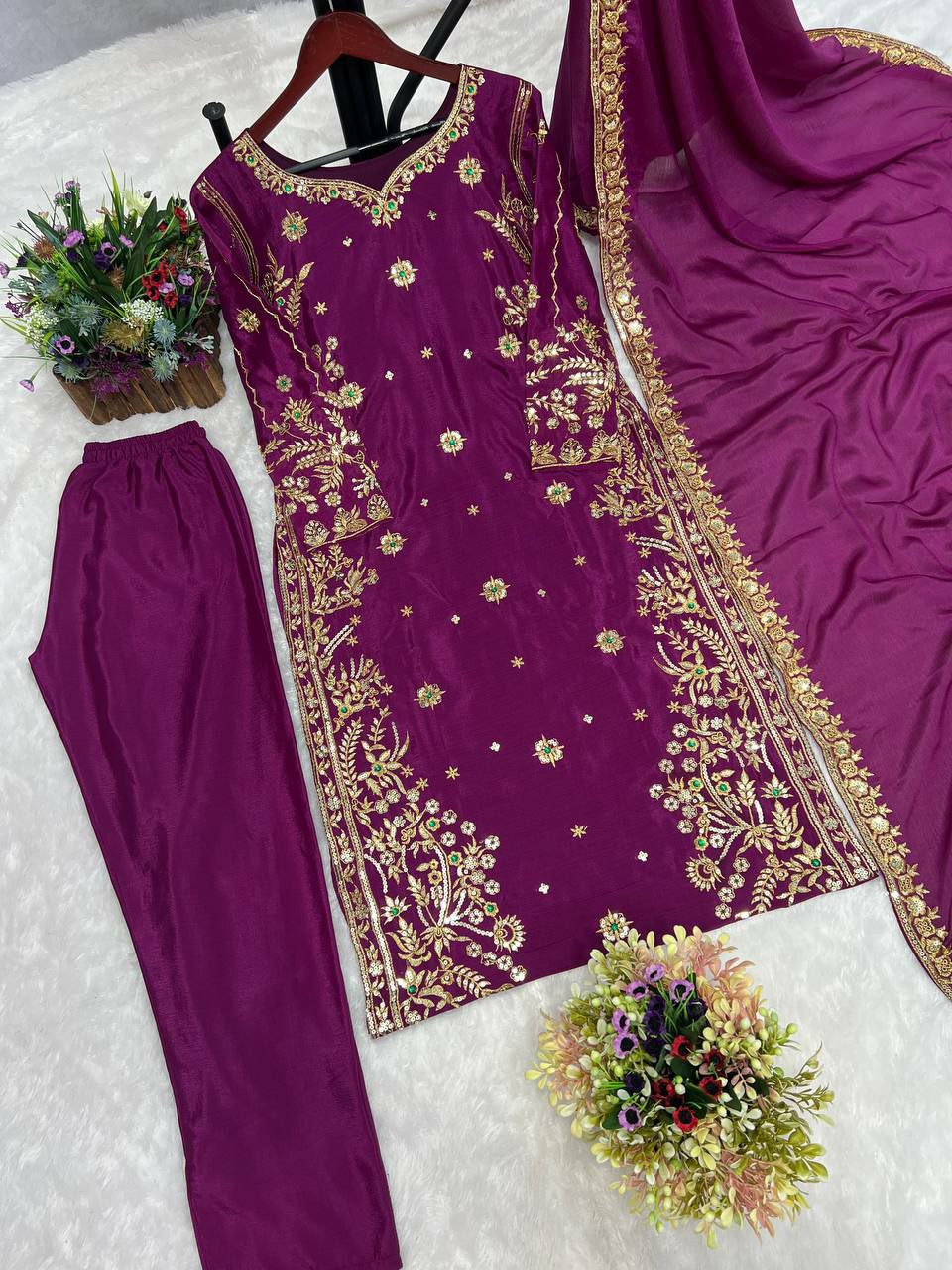 KURTI  FABRIC- PURE CHINON SILK WITH BEAUTIFUL EMBROIDERY SEQUENCE WORK.