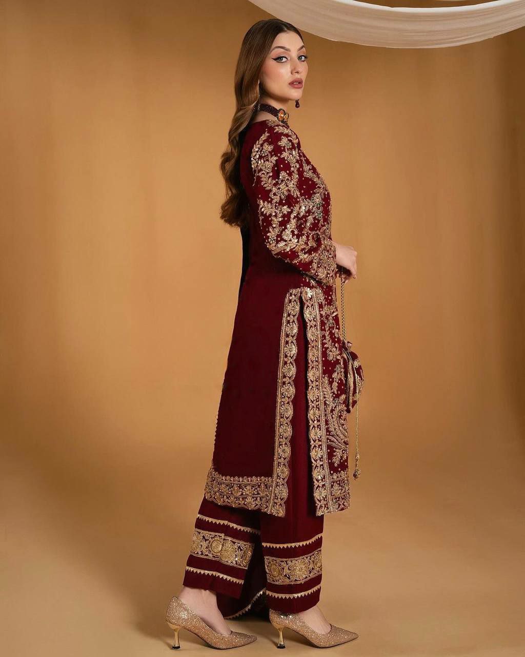 Faux Georgette With Full Sleeve Top With Fancy Heavy Embroidery And Stone Hand Work