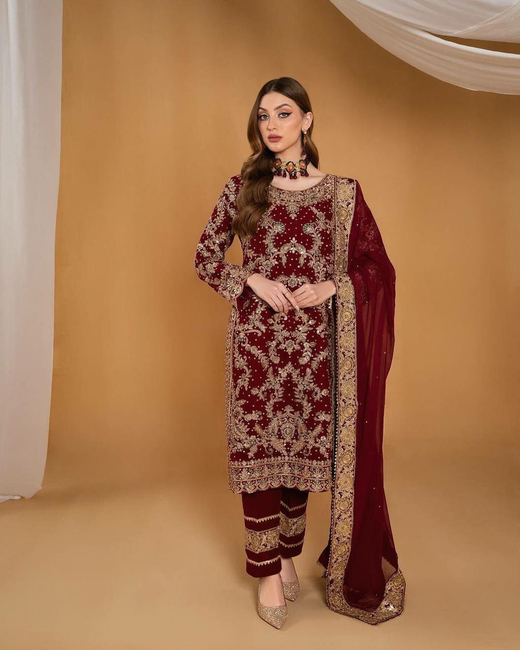 Faux Georgette With Full Sleeve Top With Fancy Heavy Embroidery And Stone Hand Work