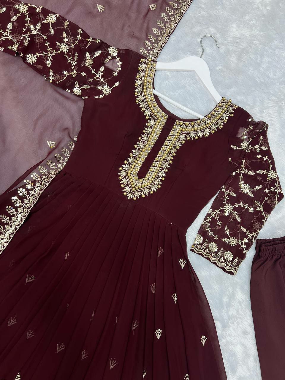 HEAVY FAUX GEORGETTE & BEAUTIFUL EMBROIDERY SEQUENCE WORK WITH RIVETED MOTI WORK