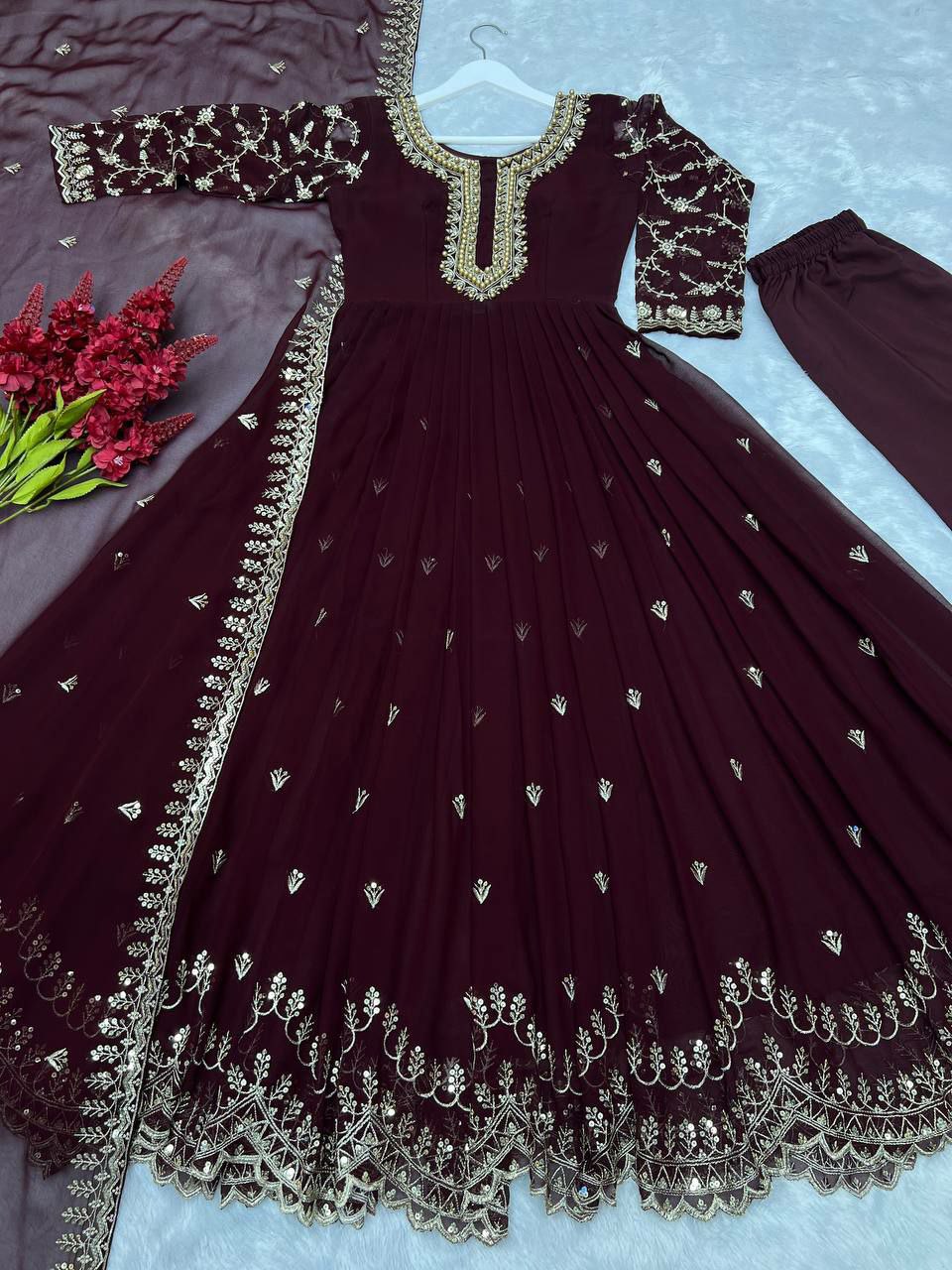 HEAVY FAUX GEORGETTE & BEAUTIFUL EMBROIDERY SEQUENCE WORK WITH RIVETED MOTI WORK