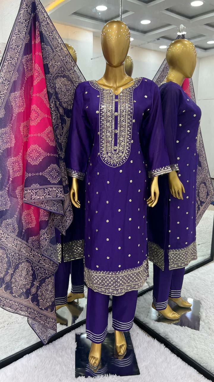 Heavy Chinnon With Heavy Embroidery Sequence Work With Full Sleeves&nbsp;