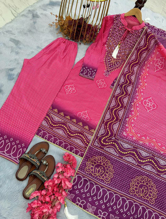 Heavy Chinon Silk With Digital Print With Riyal Mirror Hand Work With Sleeves With Tassels & Latkan SP3