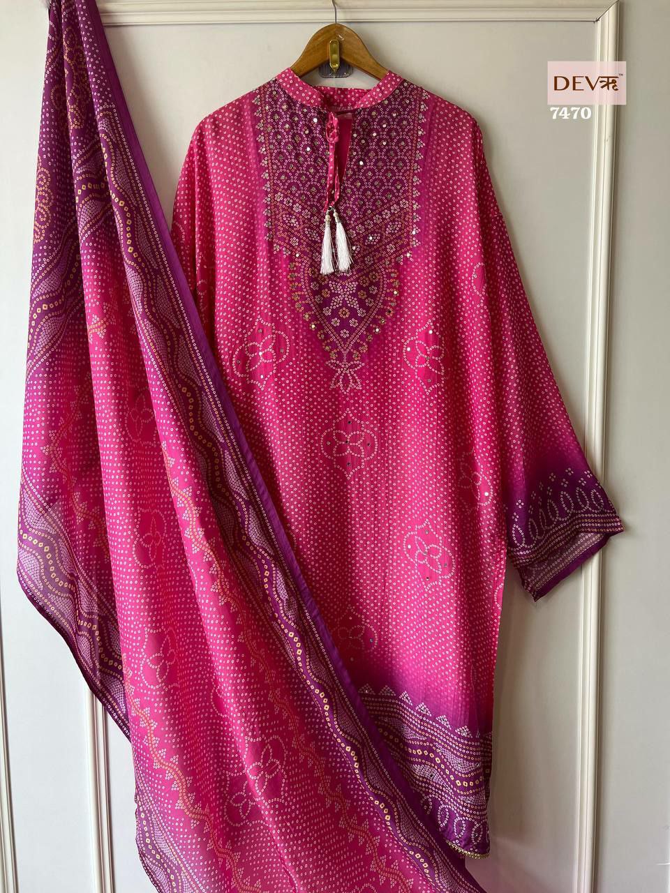 Heavy Chinon Silk With Digital Print With Riyal Mirror Hand Work With Sleeves With Tassels & Latkan SP3