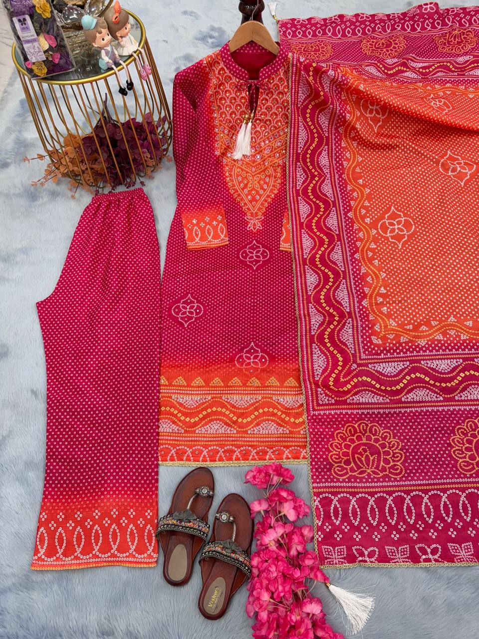 Heavy Chinon Silk With Digital Print With Riyal Mirror Hand Work With Sleeves With Tassels & Latkan SP3